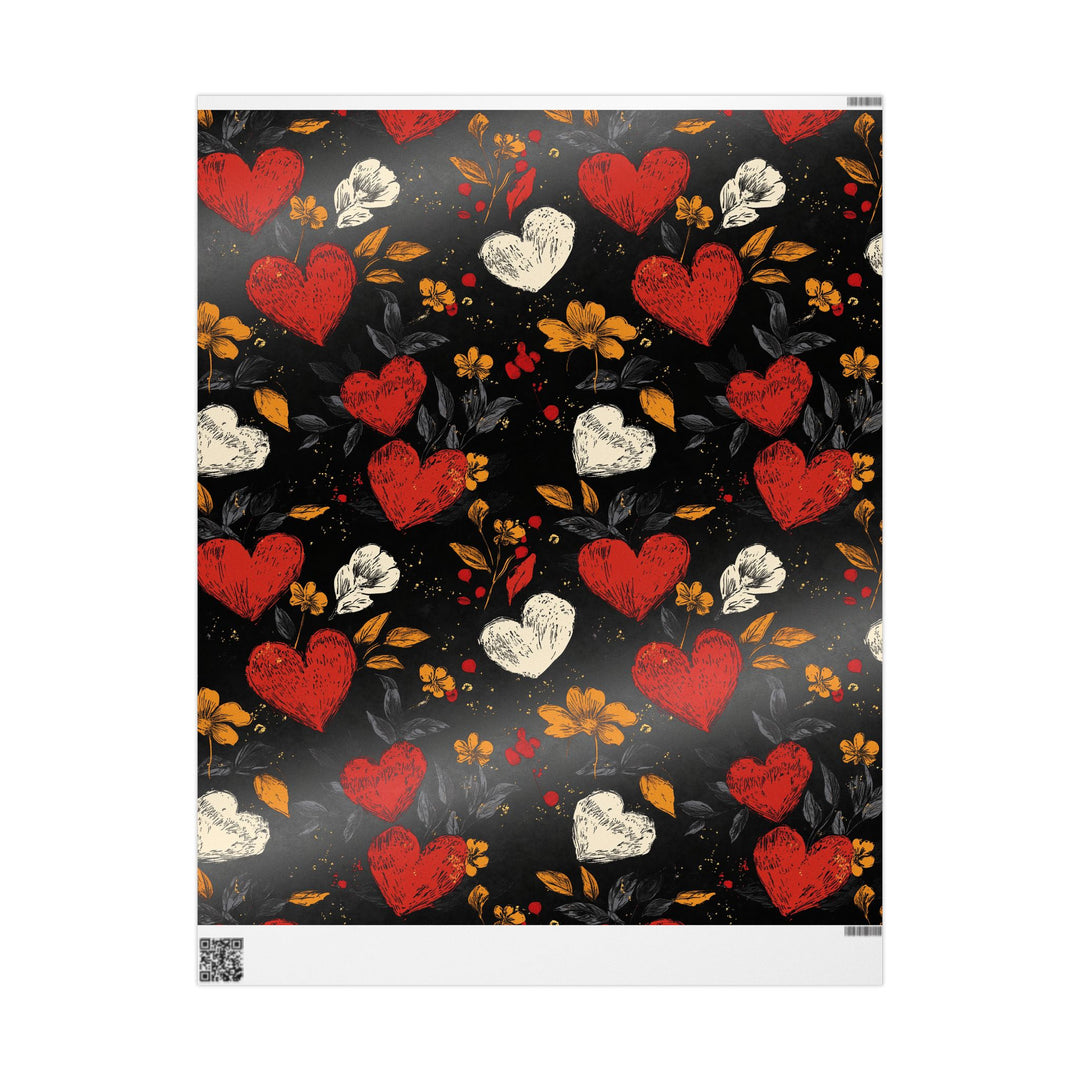 Romantic Heart and Floral Gift Wrapping Paper Rustic Red, White, and Gold Design on Black Perfect for Valentines Day, Weddings Anniversaries