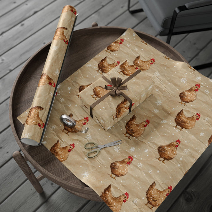 Funny Christmas Chicken Gift Wrapping Paper Festive Farmhouse Hens with Snowflakes on Brown Paper Unique Holiday Wrap for Animal Lovers