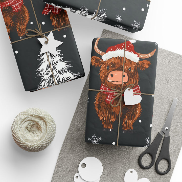 Christmas Highland Cow Gift Wrapping Paper Cute Festive Cows with Santa Hats & Plaid Scarves Perfect Holiday Wrap for Animal Lovers