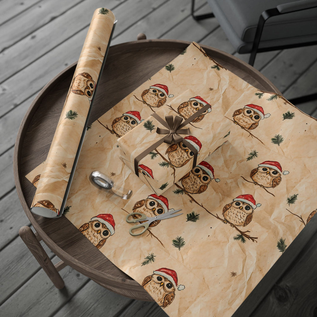 Cute Christmas Owl Gift Wrapping Paper Festive Owls in Santa Hats on Rustic Brown Background Adorable Holiday Gift Wrap for Kids & Adults