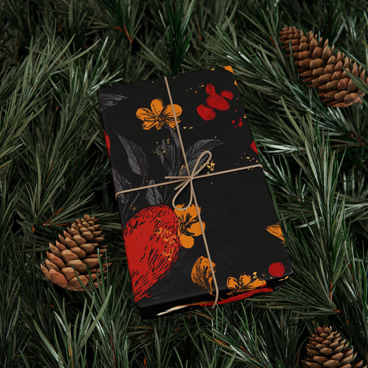 Romantic Heart and Floral Gift Wrapping Paper Rustic Red, White, and Gold Design on Black Perfect for Valentines Day, Weddings Anniversaries