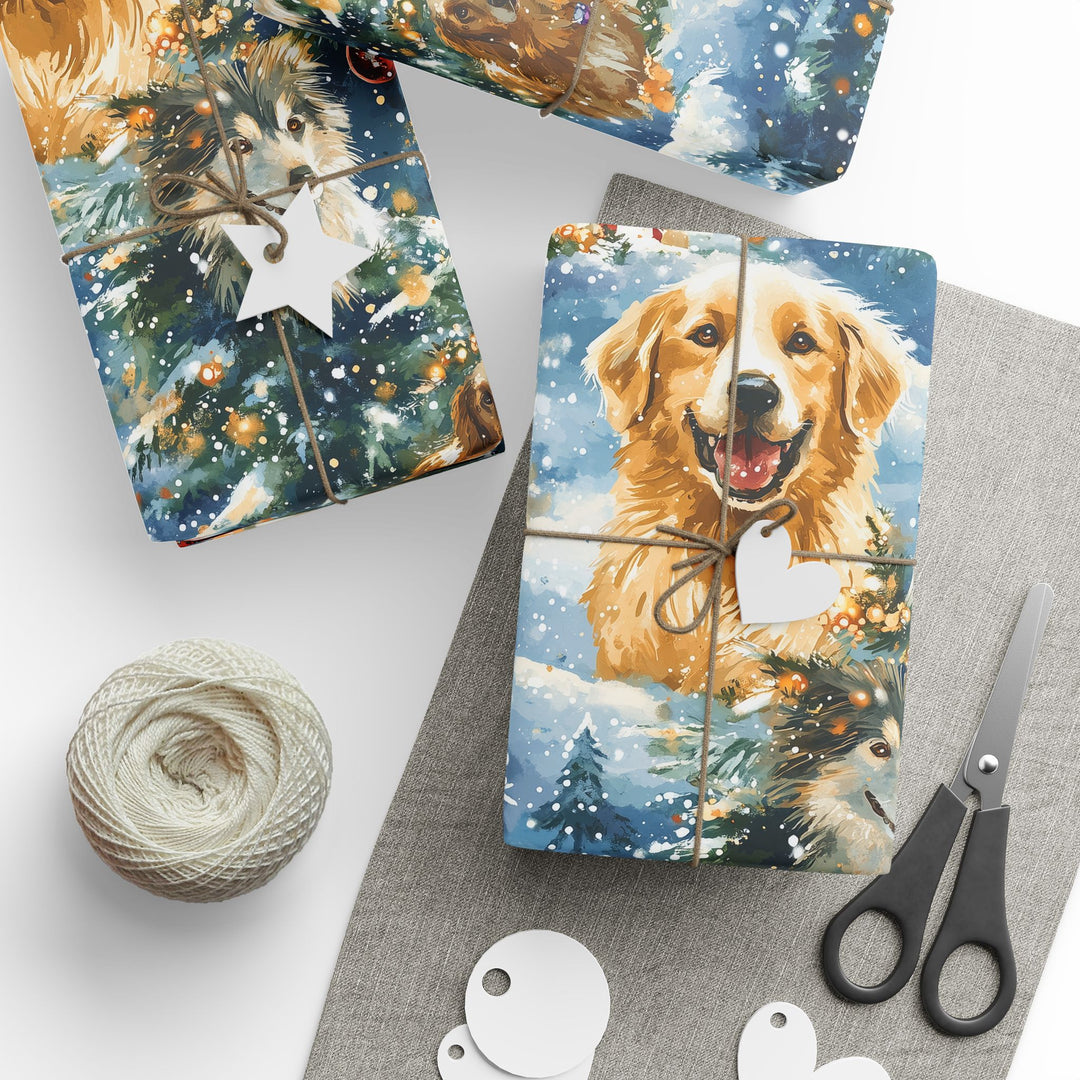 Christmas Dog Gift Wrapping Paper Festive Holiday Wrap with Golden Retrievers, Shelties, and Dachshunds in Snowy Scene Pet Lovers Gift Wrap