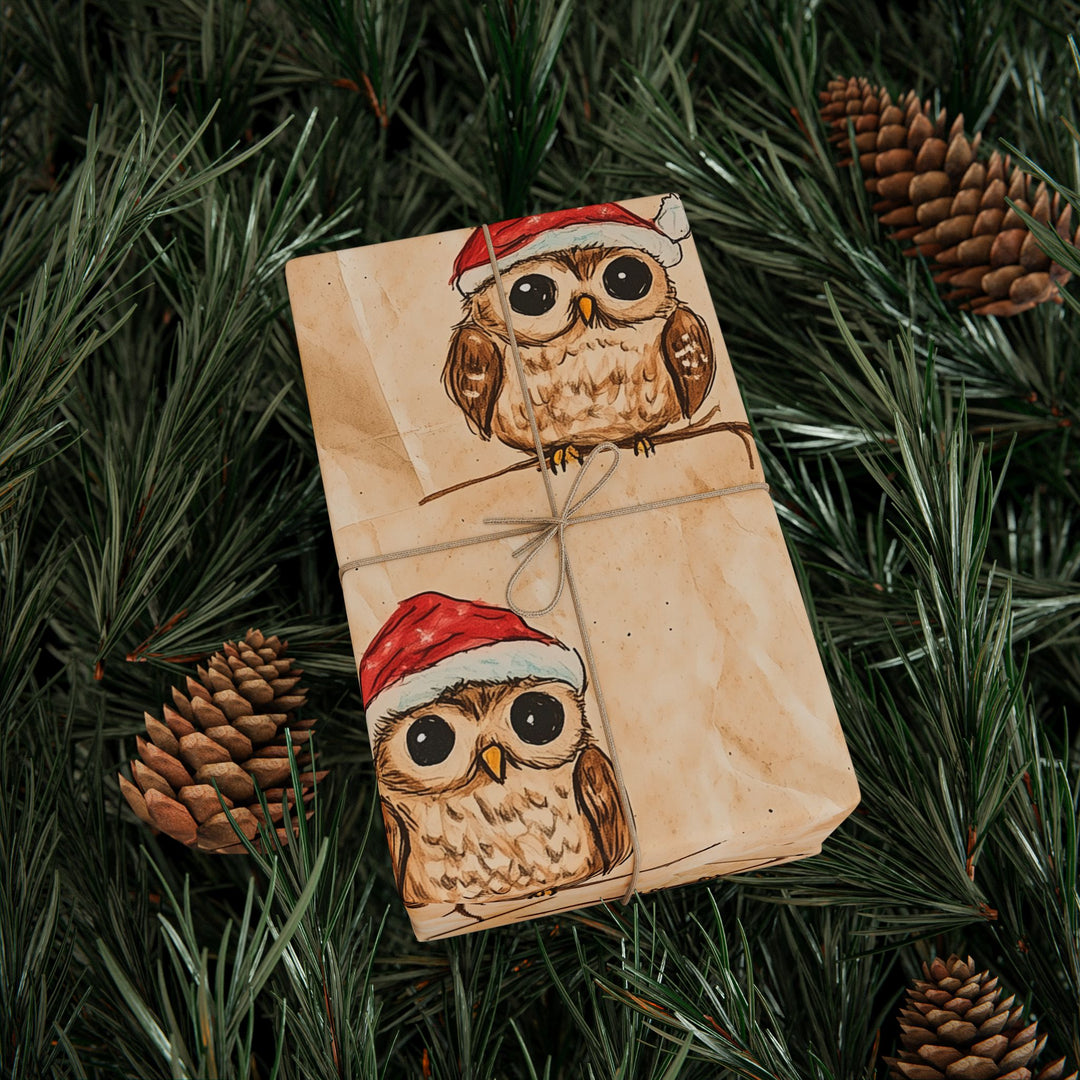 Cute Christmas Owl Gift Wrapping Paper Festive Owls in Santa Hats on Rustic Brown Background Adorable Holiday Gift Wrap for Kids & Adults