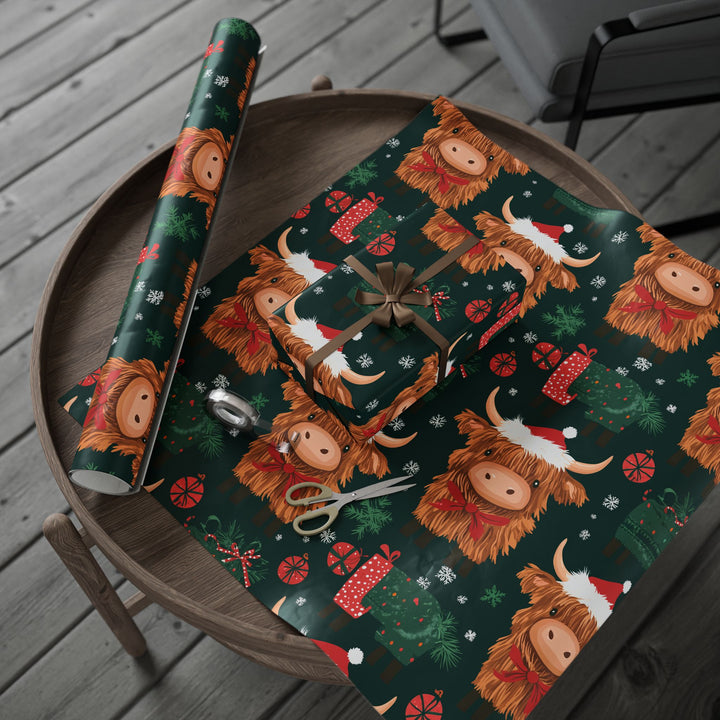 Adorable Christmas Highland Cow Gift Wrapping Paper Festive Cows in Santa Hats Cute Holiday Wrap for Kids Animal Lovers Farm Friends