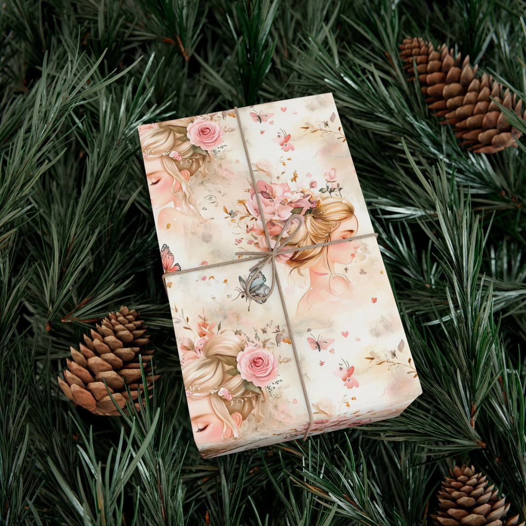 Fairy Tale Princess Gift Wrap - Romantic Pastel Wrapping Paper with Floral and Butterfly Design for Birthdays, Weddings, and Baby Showers