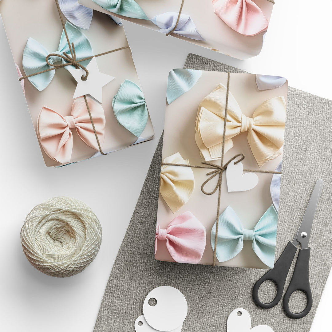 Pastel Bow Gift Wrapping Paper Soft Pink, Blue, and Cream Bows Perfect for Baby Showers, Birthdays, Weddings, or Elegant Spring Gifts