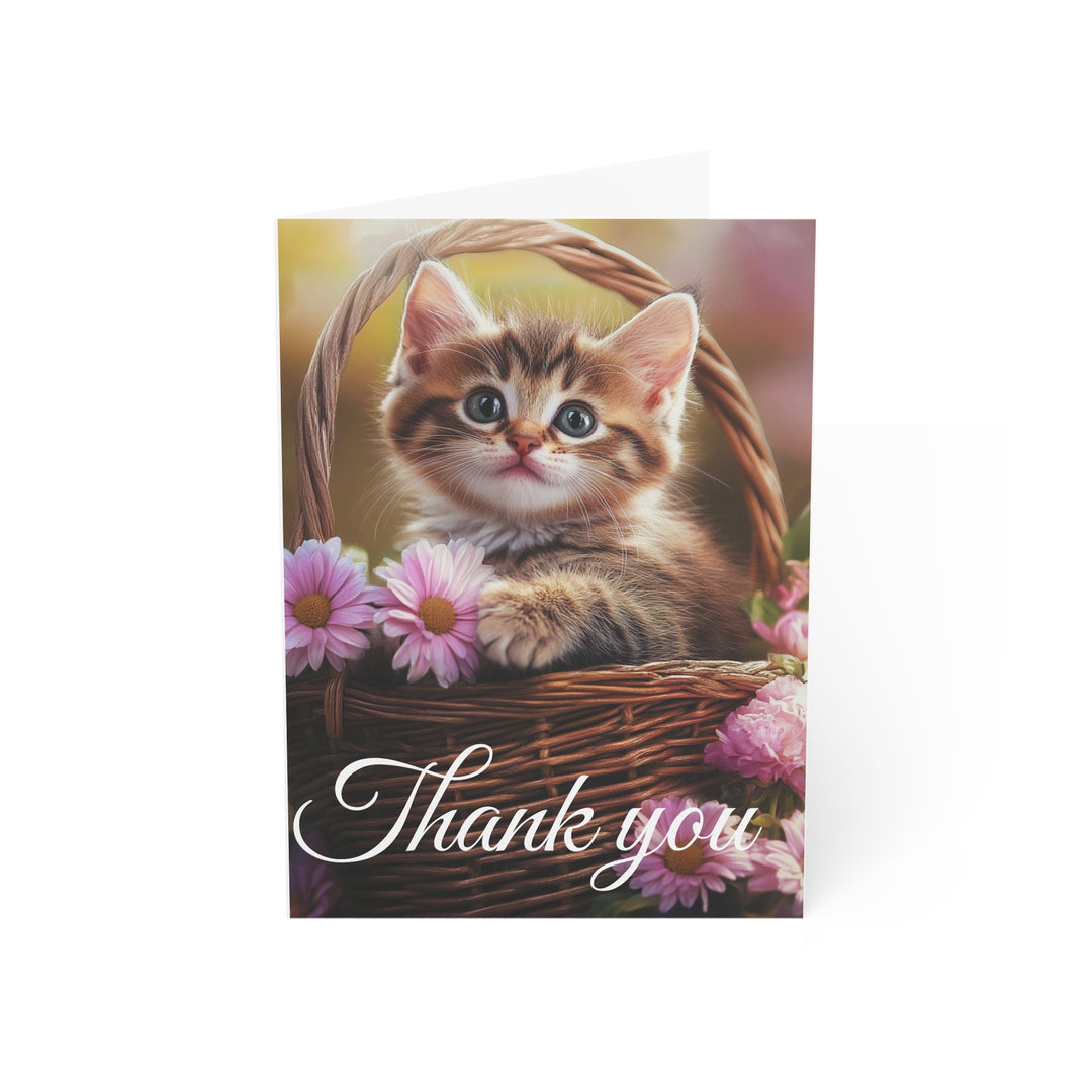 Adorable Kitten Thank You Card - Cute Cat in Basket with Flowers, Perfect for Gratitude Notes, Weddings, Baby Showers, and Special Occasions