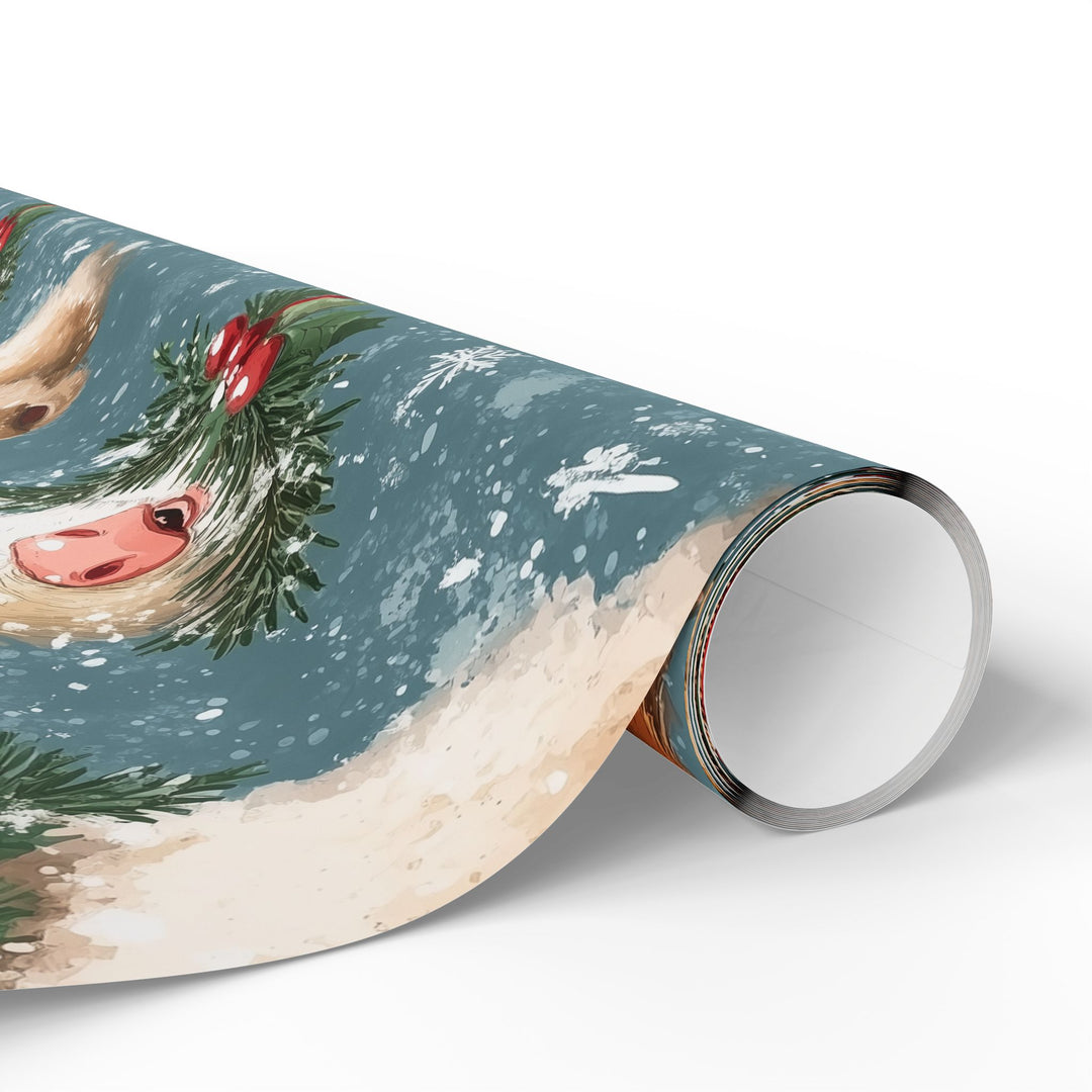 Farm Animal Christmas Wrapping Paper - Cute Calf, Sheep, and Piglet Gift Wrap with Holiday Wreaths & Ornaments - Rustic Farmhouse Style