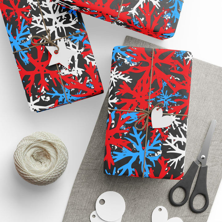 Modern Red, White, and Blue Snowflake Gift Wrapping Paper Bold Abstract Christmas Wrap Perfect for Holiday Gifts with a Trendy Twist