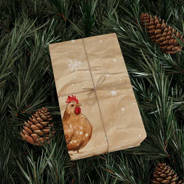 Funny Christmas Chicken Gift Wrapping Paper Festive Farmhouse Hens with Snowflakes on Brown Paper Unique Holiday Wrap for Animal Lovers