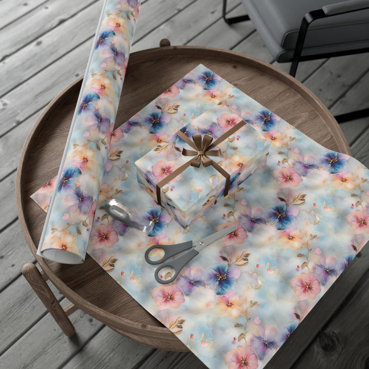 Elegant Floral Gift Wrap - Blue & Pink Watercolor Flowers with Gold Accents - Wedding, Anniversary, Luxury Wrapping Paper