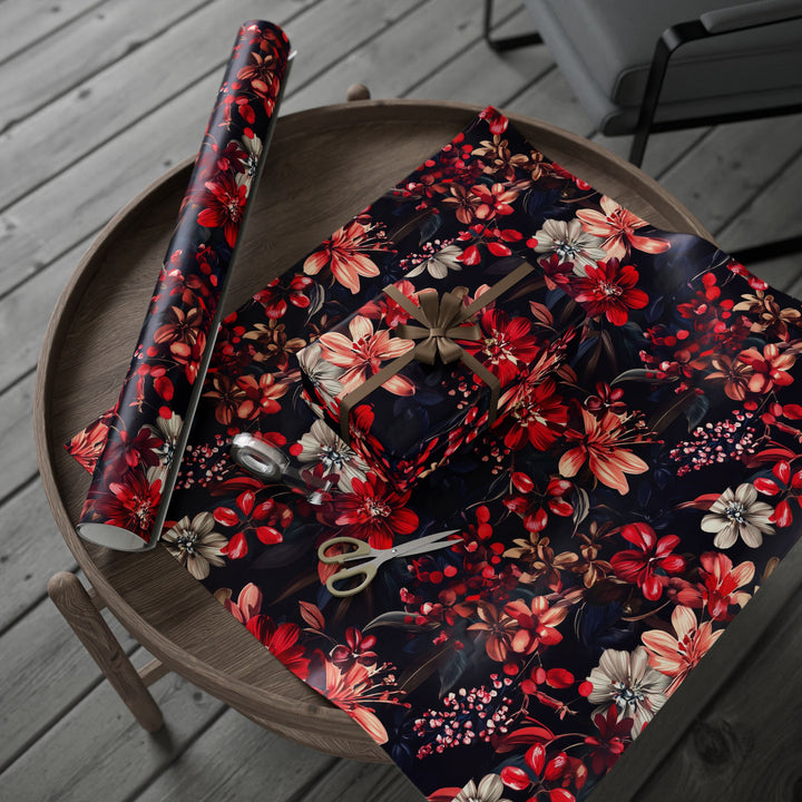 Elegant Dark Floral Gift Wrapping Paper Red, Pink, and White Flowers on Black Background Perfect for Birthdays, Weddings, and Luxe Occasions