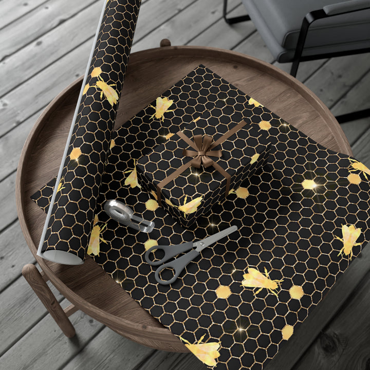 Elegant Black and Gold Honeycomb Gift Wrap – Luxury Bee-Themed Wrapping Paper for Birthdays, Holidays, and Special Occasions