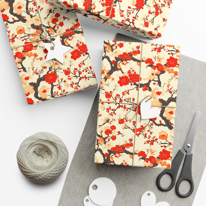 Elegant Chinoiserie Floral Gift Wrap - Red and Peach Peony Blossoms on Cream - Asian-Inspired Wrapping Paper for Weddings & Occasions