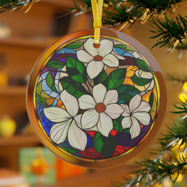 Dogwood Flower Stained Glass Style Ornament Elegant Floral Glass Christmas Tree Decoration Nature-Inspired Holiday Gift