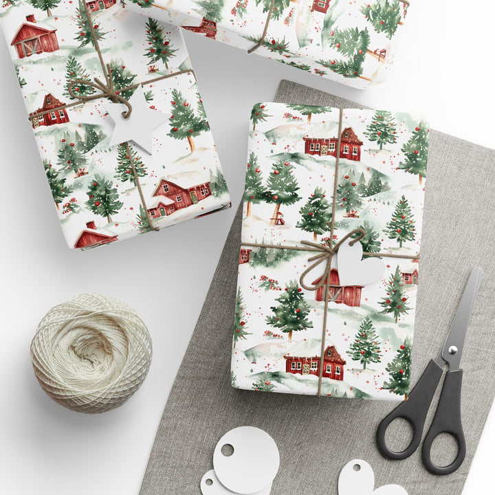 Wrapping Paper - Snowy Red Barn Christmas