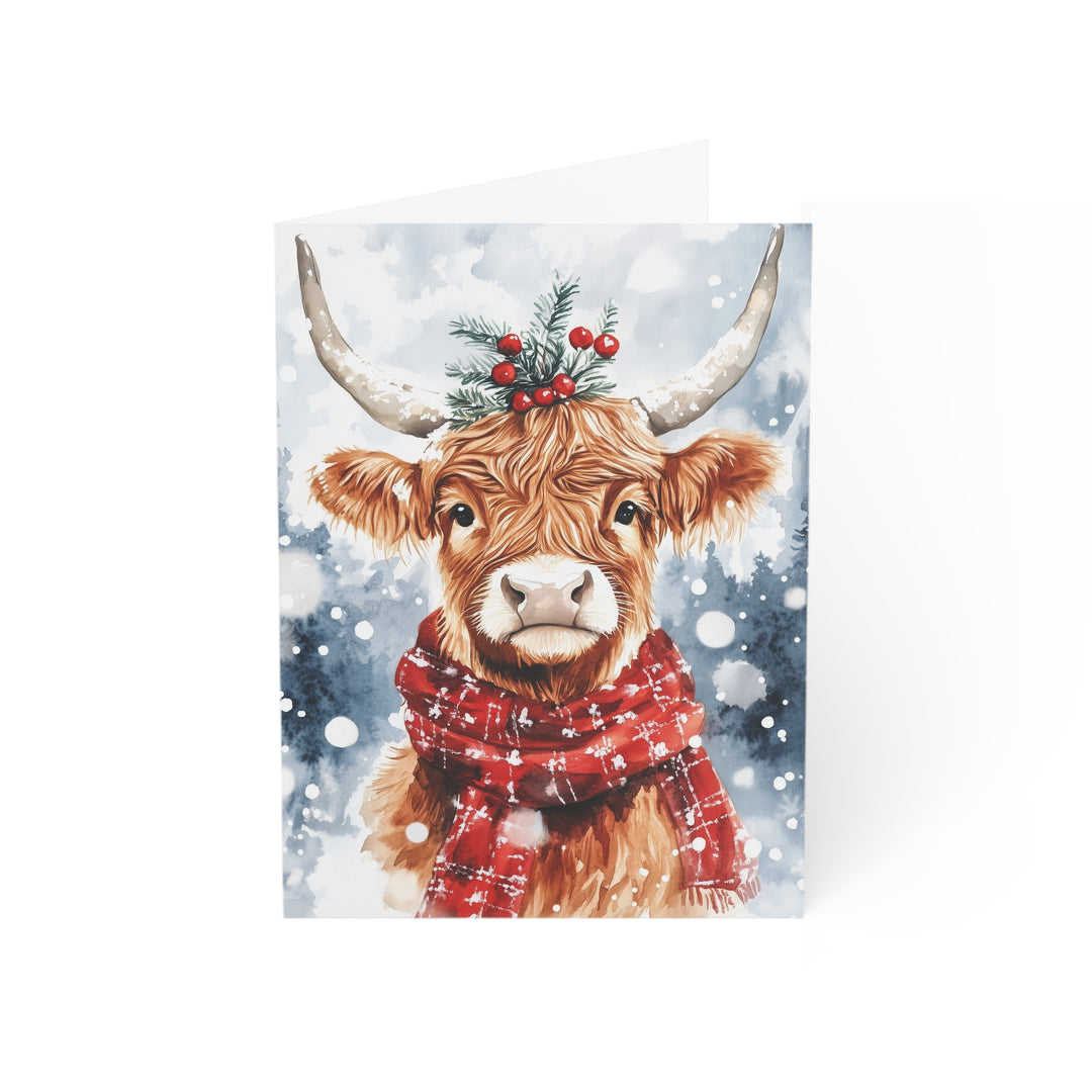 Adorable Highland Cow Christmas Card Rustic Holiday Greeting with Festive Red Scarf Perfect for Farm Animal Lovers and Winter Wishes