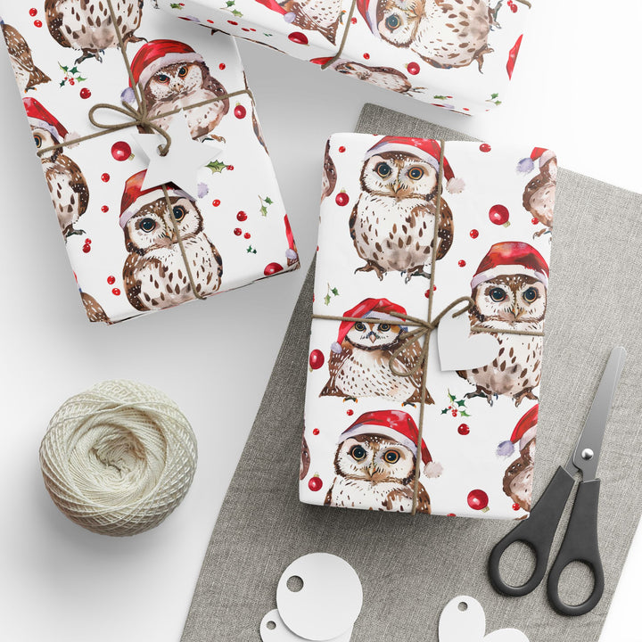 Wrapping Paper - Holiday Owls in Santa Hats