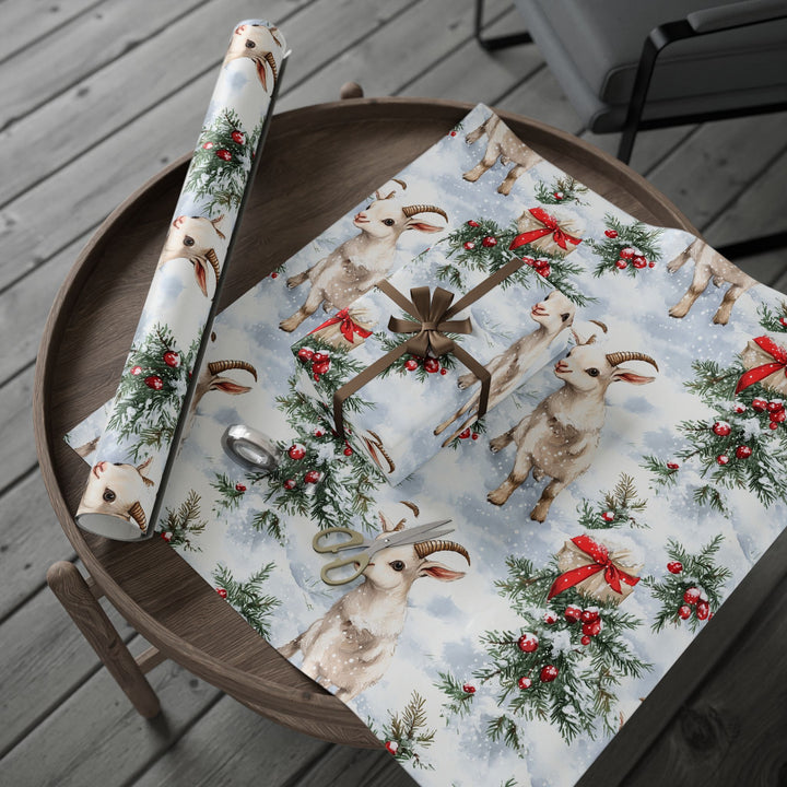 Adorable Goat Christmas Gift Wrap | Rustic Winter Farm Animal Wrapping Paper | Snowy Holiday Gift Wrap for Country Farmhouse Christmas