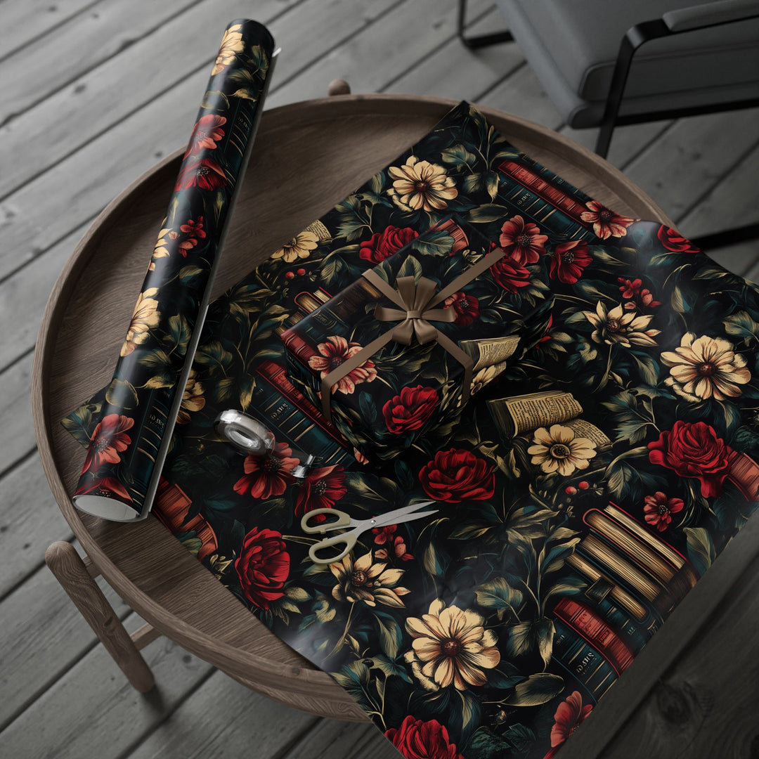 Vintage Book and Gothic Floral Gift Wrapping Paper Dark Academia Aesthetic with Roses and Antique Books Perfect for Book Lovers & Birthdays