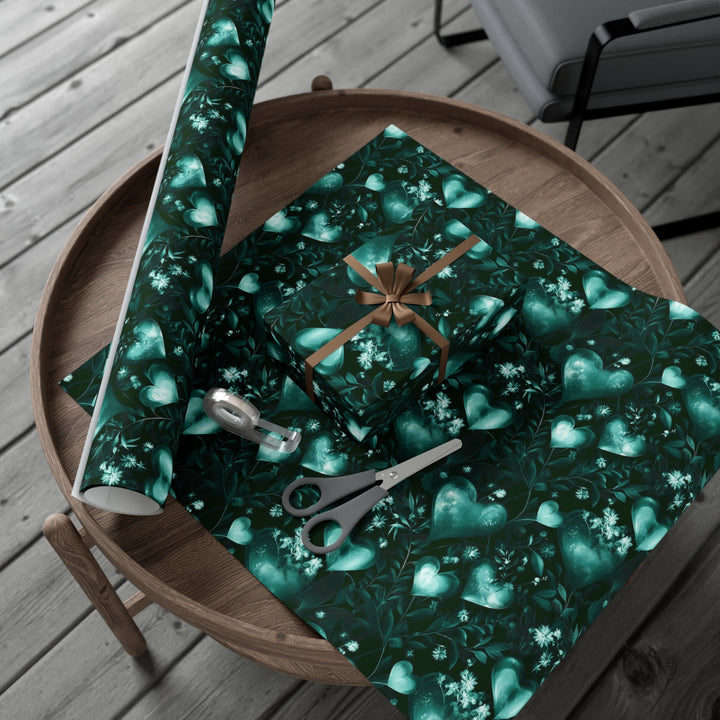 Emerald Green Heart and Flower Gift Wrap - Romantic Luxury Wrapping Paper for Weddings, Anniversaries, and Elegant Occasions
