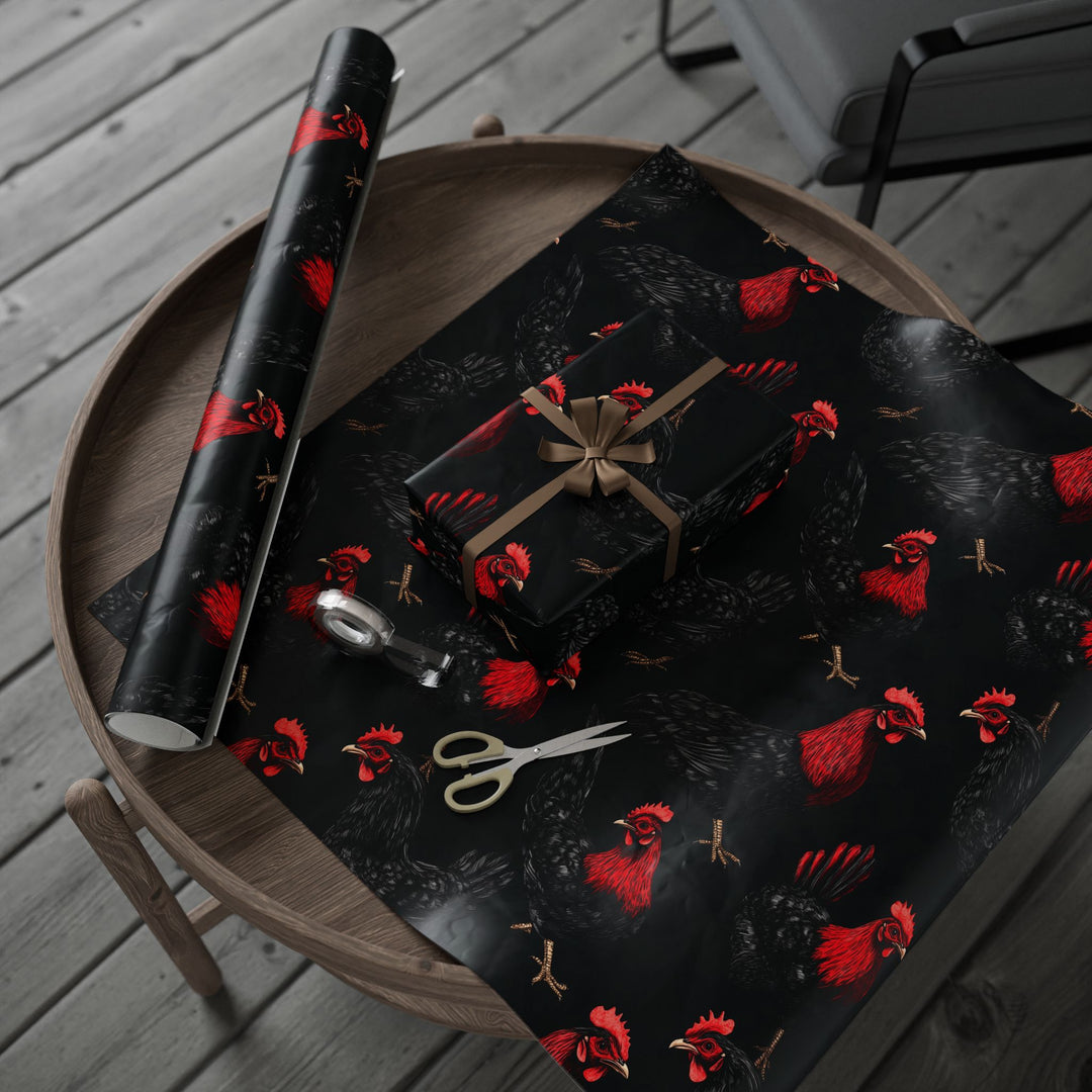 Gothic Chicken Gift Wrapping Paper Dark Farmhouse Rooster Print on Black Background Unique Wrap for Farm Lovers Birthdays & Quirky Occasions