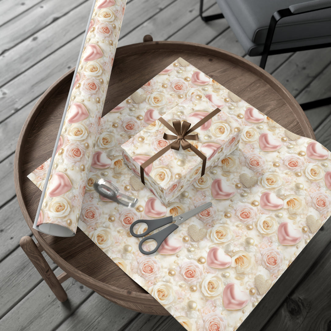 Luxury Pearl and Rose Gift Wrap - Elegant Pink Hearts & Gold Accents - Wedding, Anniversary, Valentine's Day Wrapping Paper