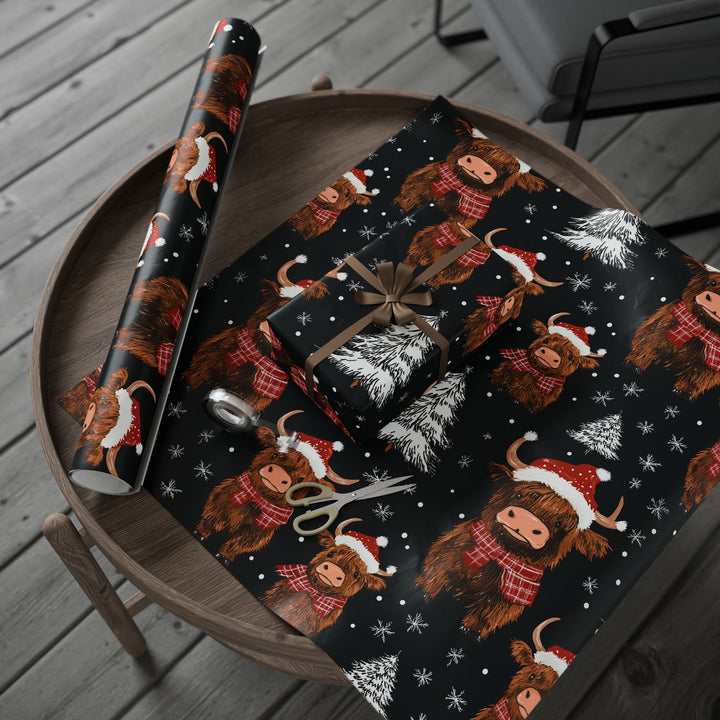 Christmas Highland Cow Gift Wrapping Paper Cute Festive Cows with Santa Hats & Plaid Scarves Perfect Holiday Wrap for Animal Lovers