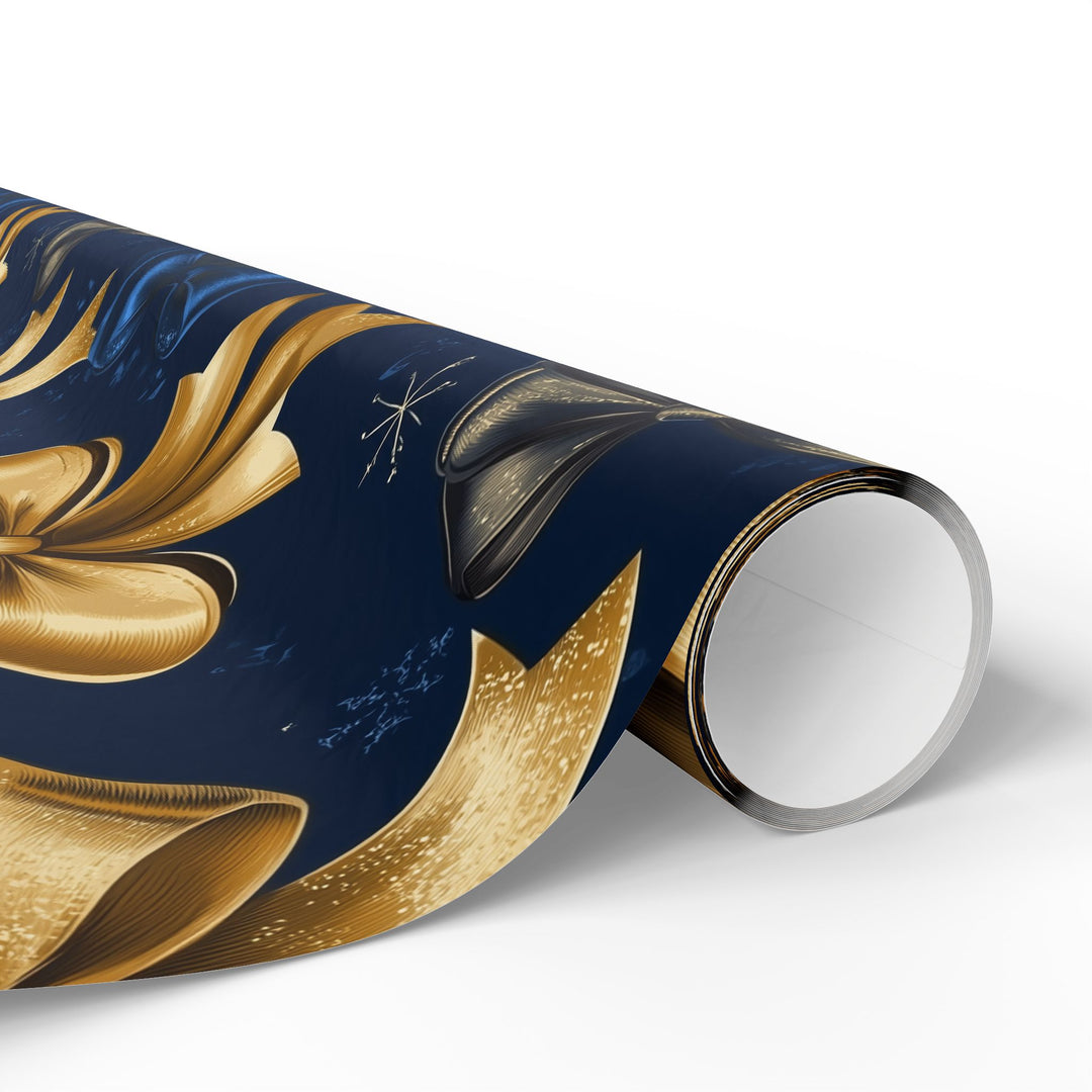 Luxurious Gold and Blue Bow Gift Wrapping Paper Elegant Midnight Blue Background Perfect for Christmas, Weddings, and Special Occasions