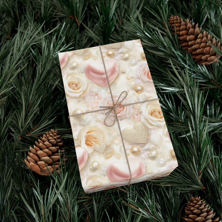 Luxury Pearl and Rose Gift Wrap - Elegant Pink Hearts & Gold Accents - Wedding, Anniversary, Valentine's Day Wrapping Paper