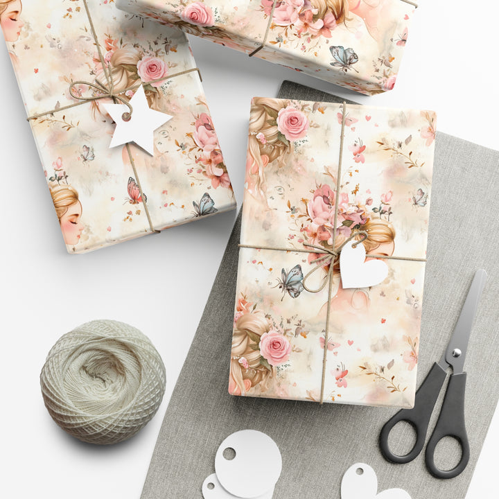Fairy Tale Princess Gift Wrap - Romantic Pastel Wrapping Paper with Floral and Butterfly Design for Birthdays, Weddings, and Baby Showers