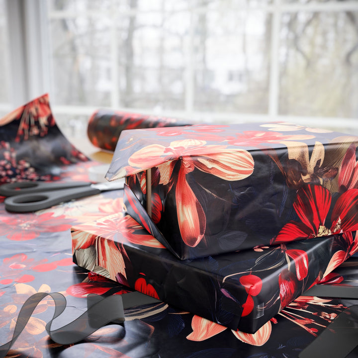 Elegant Dark Floral Gift Wrapping Paper Red, Pink, and White Flowers on Black Background Perfect for Birthdays, Weddings, and Luxe Occasions