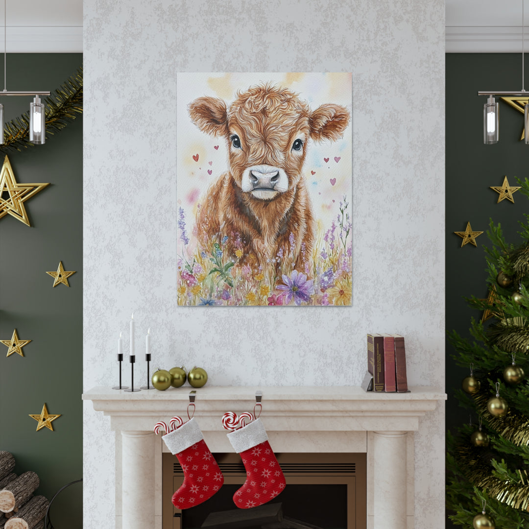 Adorable Highland Cow Watercolor Canvas Print – Rustic Farmhouse Art Decor