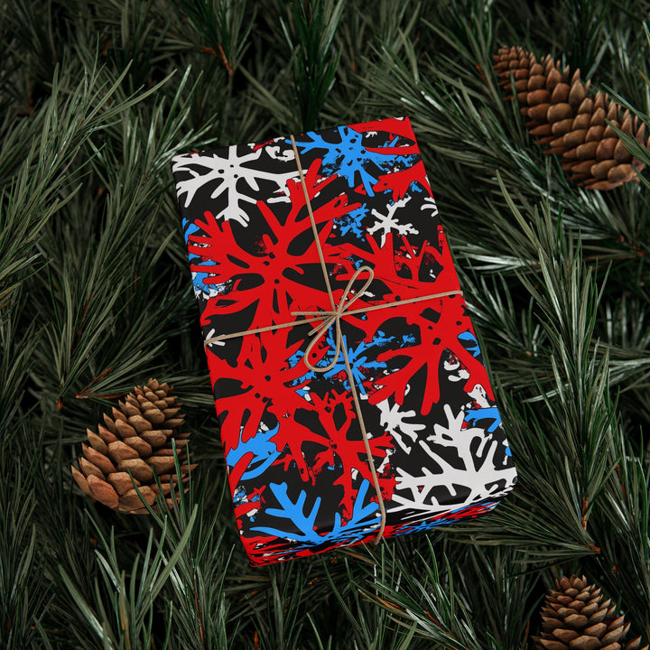 Modern Red, White, and Blue Snowflake Gift Wrapping Paper Bold Abstract Christmas Wrap Perfect for Holiday Gifts with a Trendy Twist