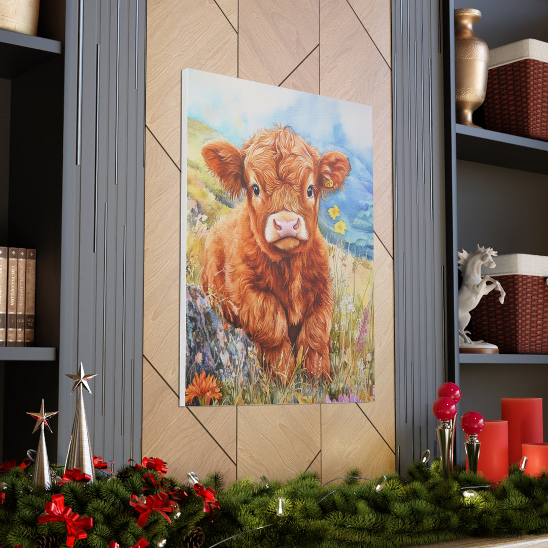 Charming Baby Highland Cow Watercolor Canvas Print – Rustic Farmhouse Wall Art