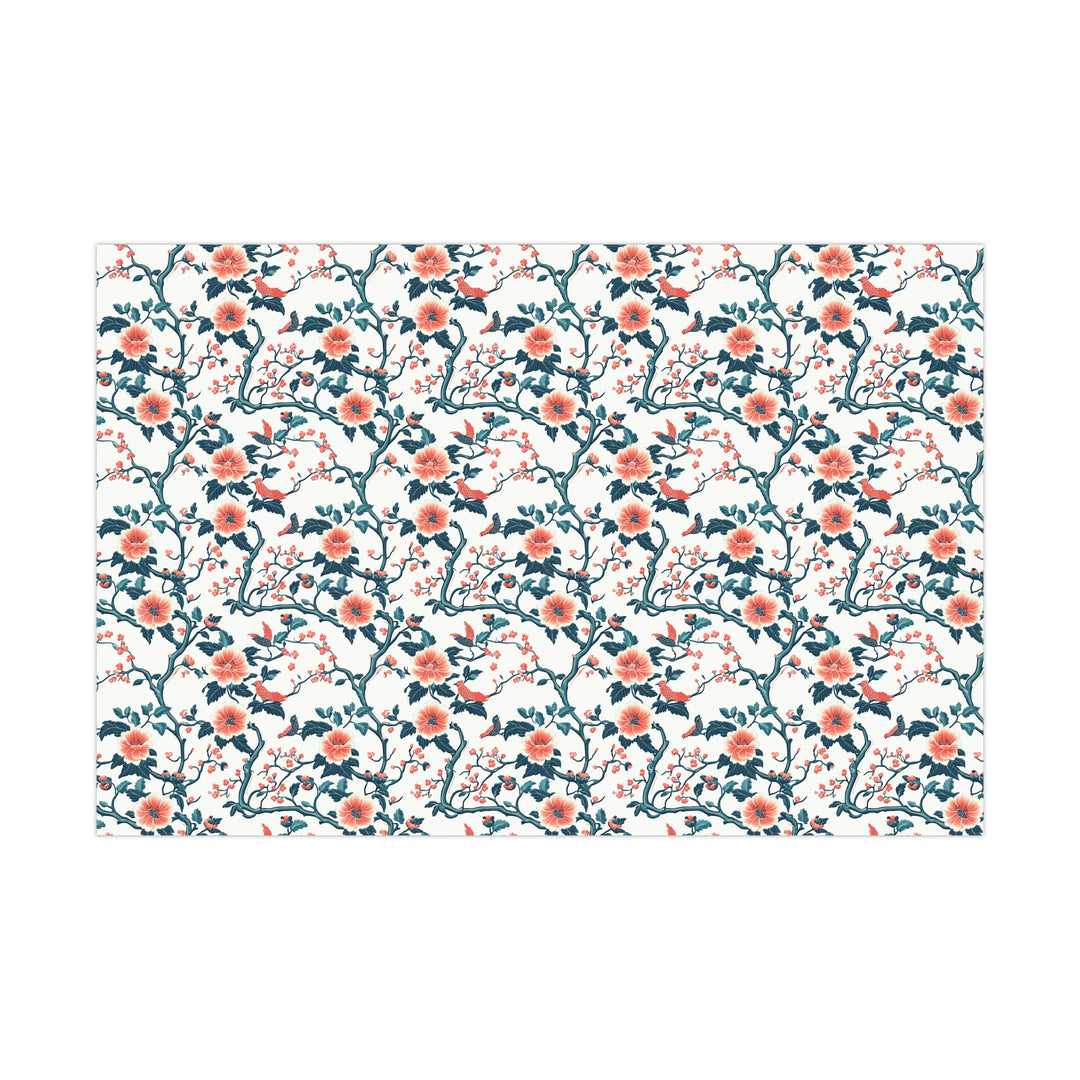 Chinoiserie Floral Gift Wrap with Birds - Elegant Coral & Teal Botanical Wrapping Paper for Weddings, Birthdays and Special Occasions