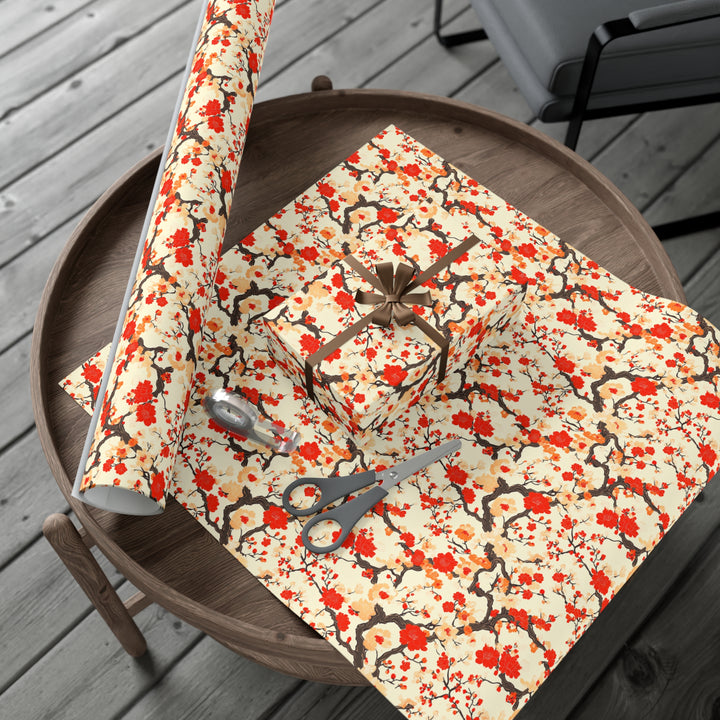 Elegant Chinoiserie Floral Gift Wrap - Red and Peach Peony Blossoms on Cream - Asian-Inspired Wrapping Paper for Weddings & Occasions