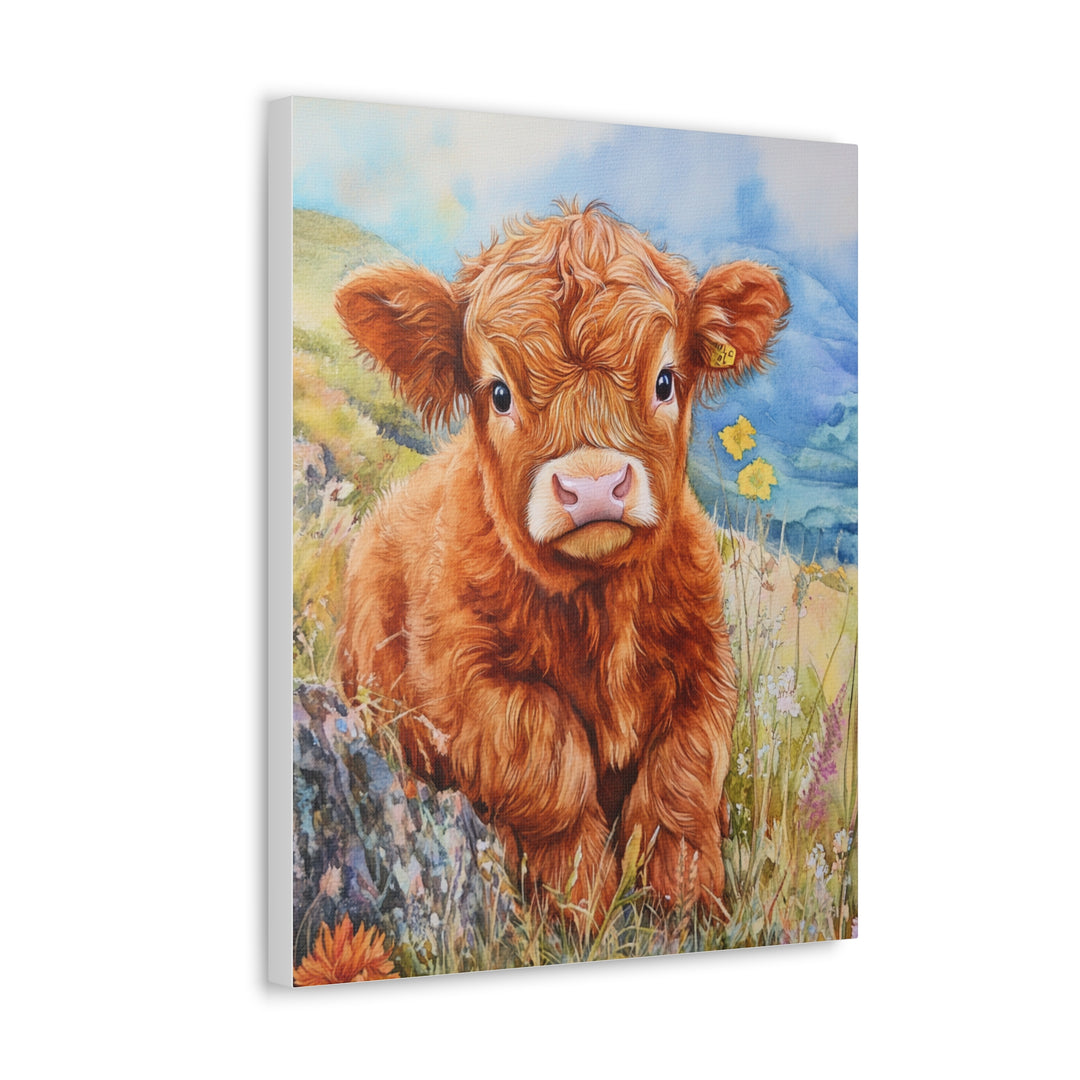 Charming Baby Highland Cow Watercolor Canvas Print – Rustic Farmhouse Wall Art