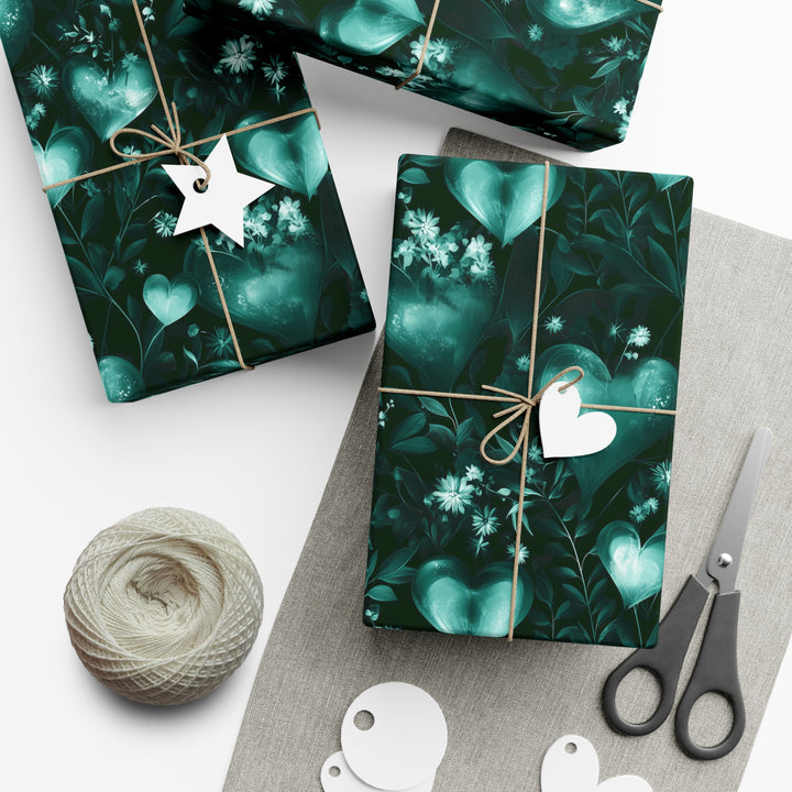 Emerald Green Heart and Flower Gift Wrap - Romantic Luxury Wrapping Paper for Weddings, Anniversaries, and Elegant Occasions