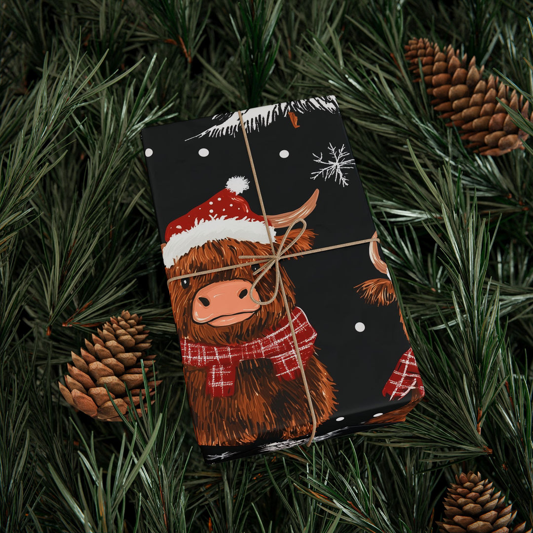 Christmas Highland Cow Gift Wrapping Paper Cute Festive Cows with Santa Hats & Plaid Scarves Perfect Holiday Wrap for Animal Lovers