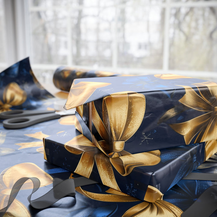 Luxurious Gold and Blue Bow Gift Wrapping Paper Elegant Midnight Blue Background Perfect for Christmas, Weddings, and Special Occasions