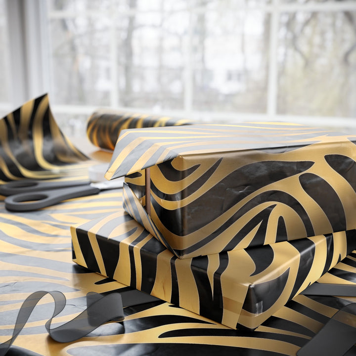 Glamorous Gold Zebra Print Gift Wrapping Paper Bold Animal Print on Black Background Perfect for Luxe Birthdays Holidays, and Stylish Events