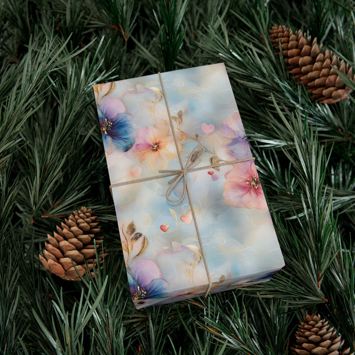Elegant Floral Gift Wrap - Blue & Pink Watercolor Flowers with Gold Accents - Wedding, Anniversary, Luxury Wrapping Paper