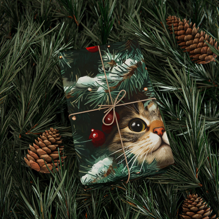 Christmas Cat Gift Wrapping Paper - Festive Holiday Wrap with Curious Cat in Christmas Tree - Cute Pet Themed Gift Wrap for Cat Lovers