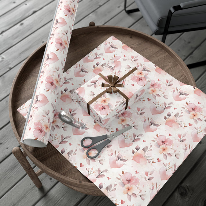 Romantic Floral & Heart Gift Wrap - Soft Pink Watercolor Wrapping Paper - Wedding, Anniversary, Valentine's Day Gift Wrap