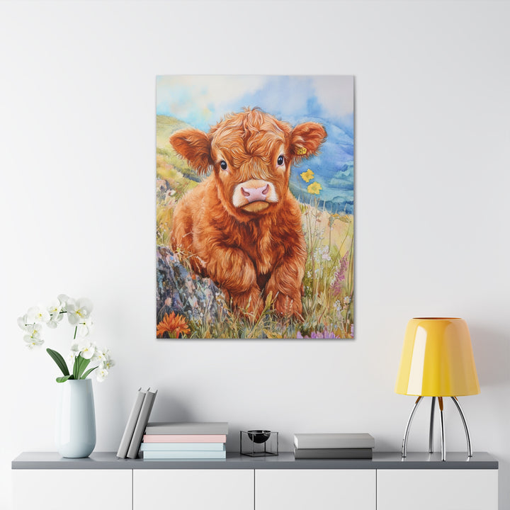 Charming Baby Highland Cow Watercolor Canvas Print – Rustic Farmhouse Wall Art