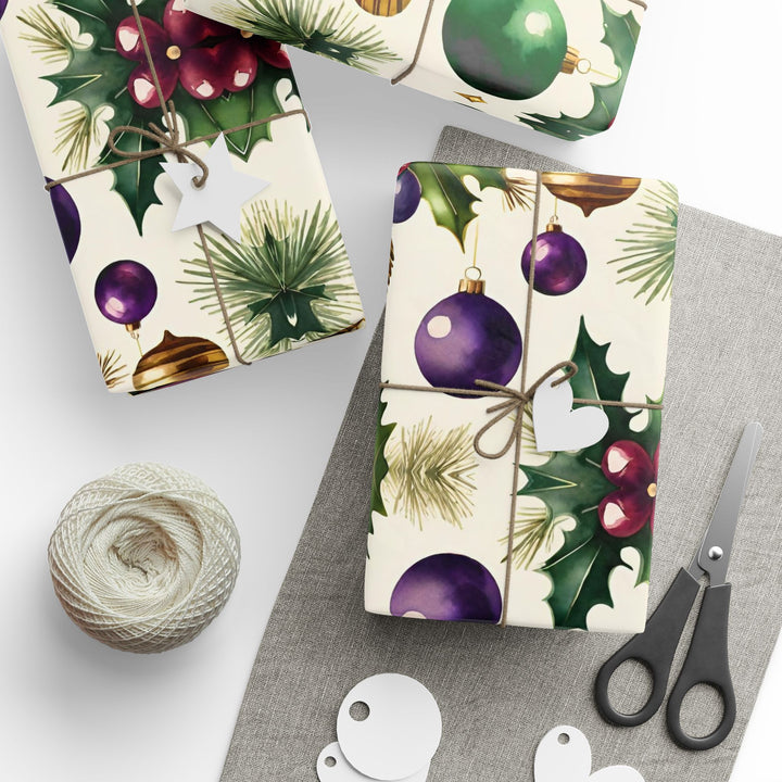 Wrapping Paper - Festive Holly and Ornaments