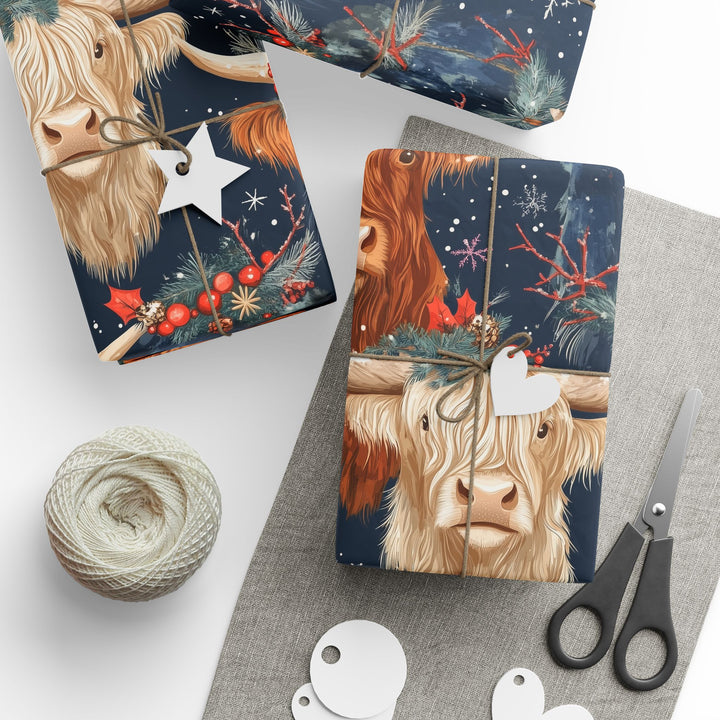 Highland Cow Christmas Gift Wrapping Paper Festive Winter Holiday Wrap Rustic Highland Cows and Snowflakes Farmhouse Christmas Gift Wrap