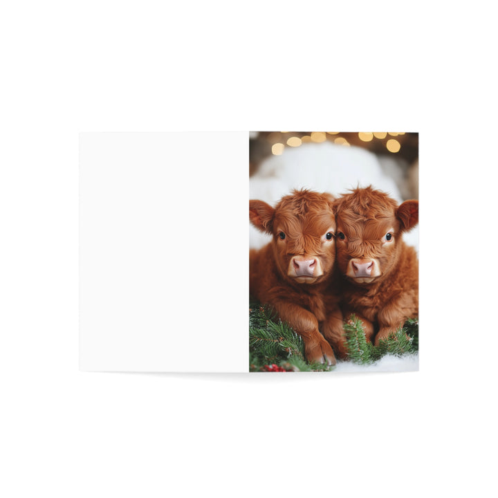 Adorable Baby Highland Cow Christmas Card Cute Holiday Greeting with Festive Twins Rustic Farm Animal Seasonal Stationery