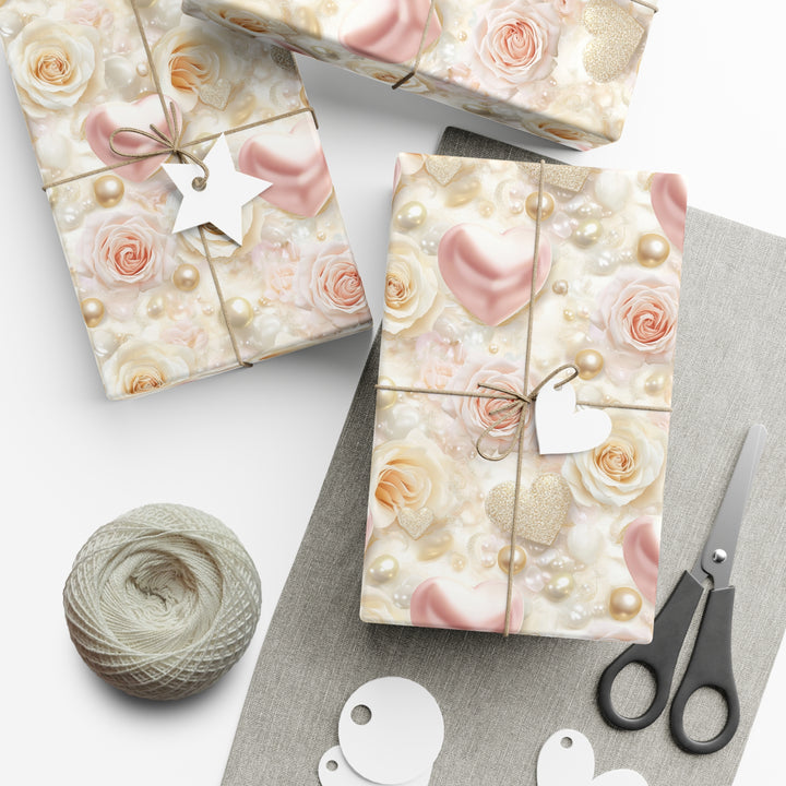 Luxury Pearl and Rose Gift Wrap - Elegant Pink Hearts & Gold Accents - Wedding, Anniversary, Valentine's Day Wrapping Paper